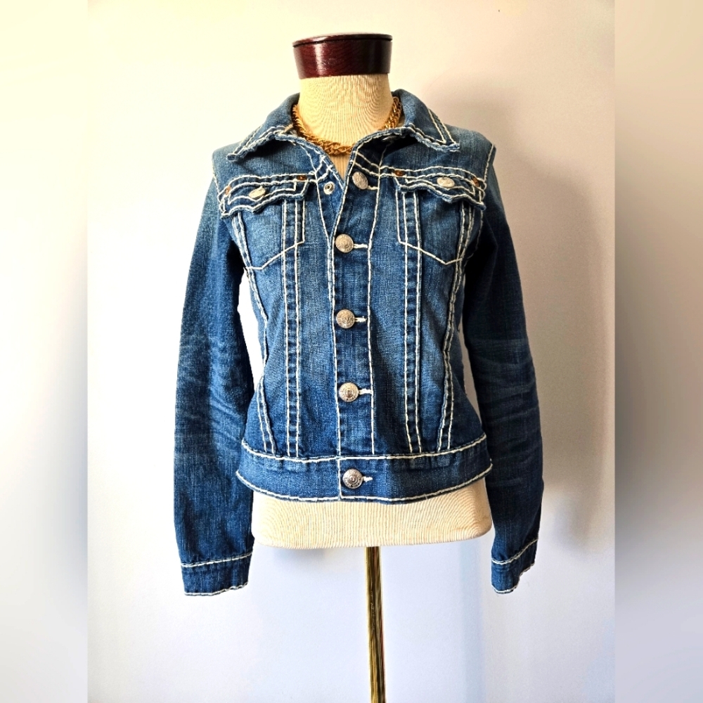 TRUE RELIGION " Emily" Dark Wash Blue Denim Jacket. Size Small